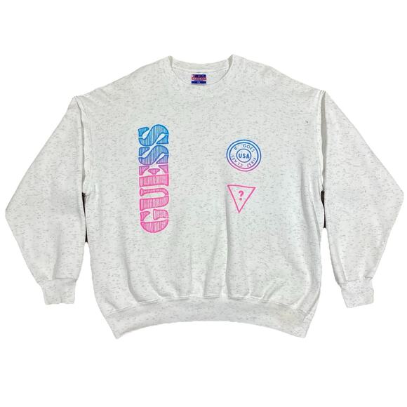 VTG 80s Guess USA Logo Sweatshirt XL White Speckle Crewneck Trench Ultra - Picture 1 of 16